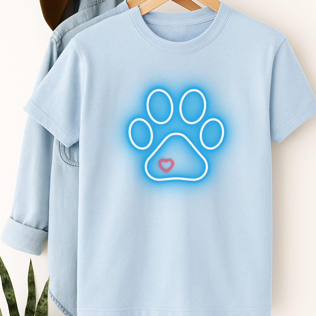 Neon Paw Print T-Shirt – Glowing Dog Lover Tee with Heart for Pet Parents & Animal Fans