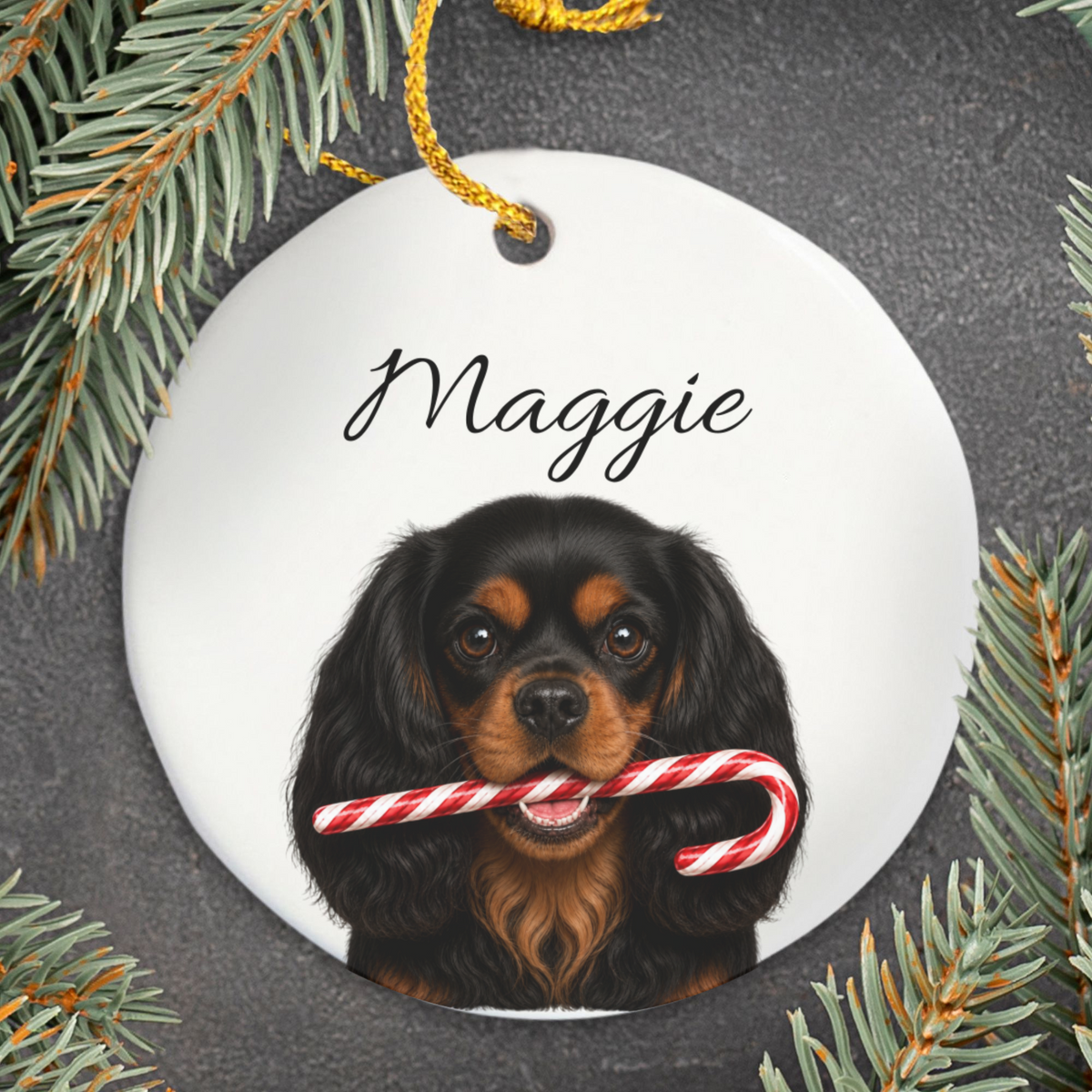 Personalized Black and Tan Cavalier Candy Cane Ornament