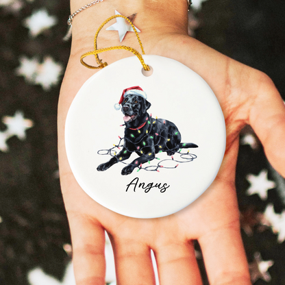 Personalized Black Labrador Christmas Ornament, Ceramic Dog Keepsake, Festive Lights Lab