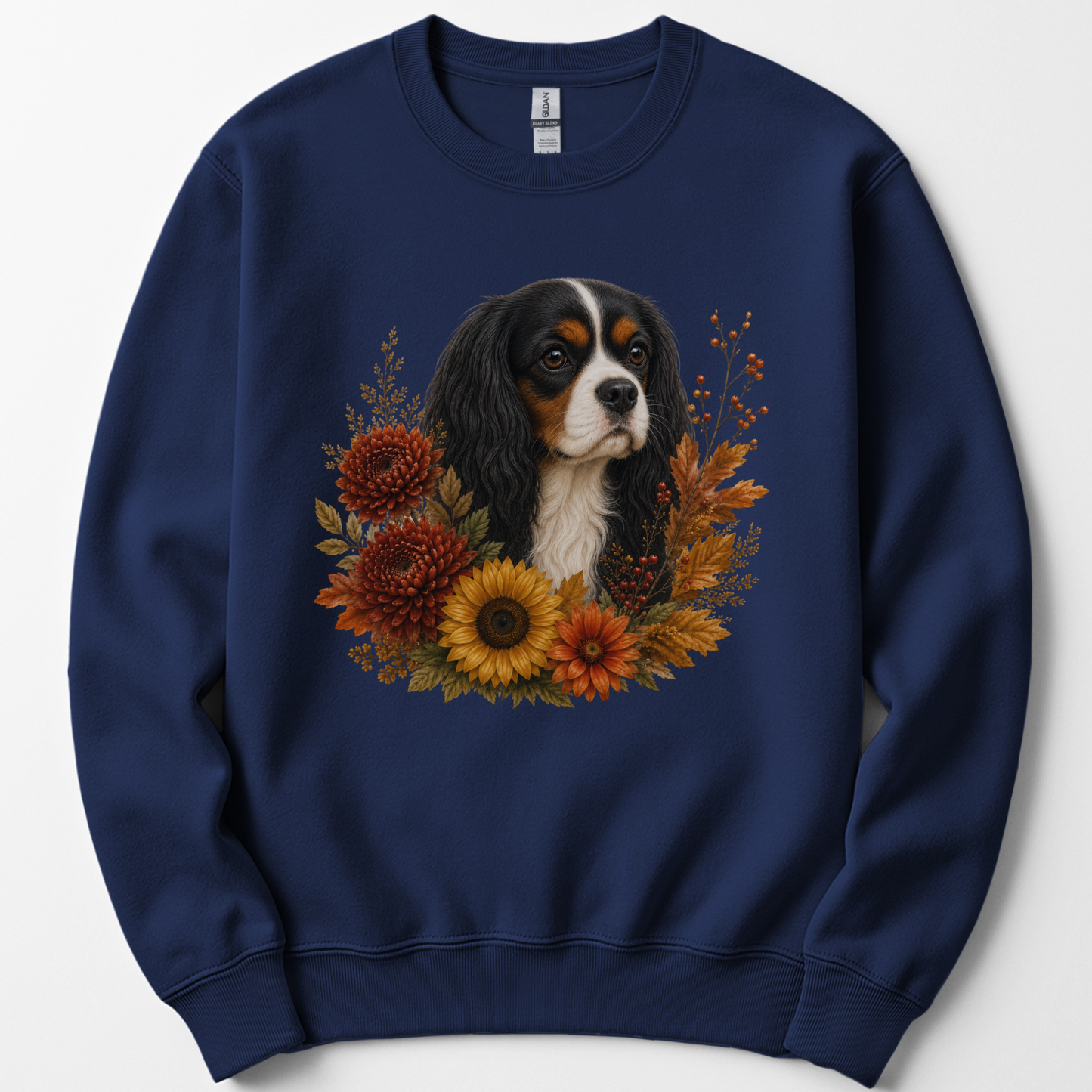 Tricolor Cavalier Autumn Floral Sweatshirt Cozy Fall Dog Lover Gift Botanical Crewneck Pullover