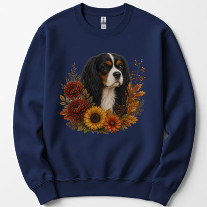 Tricolor Cavalier Autumn Floral Sweatshirt Cozy Fall Dog Lover Gift Botanical Crewneck Pullover