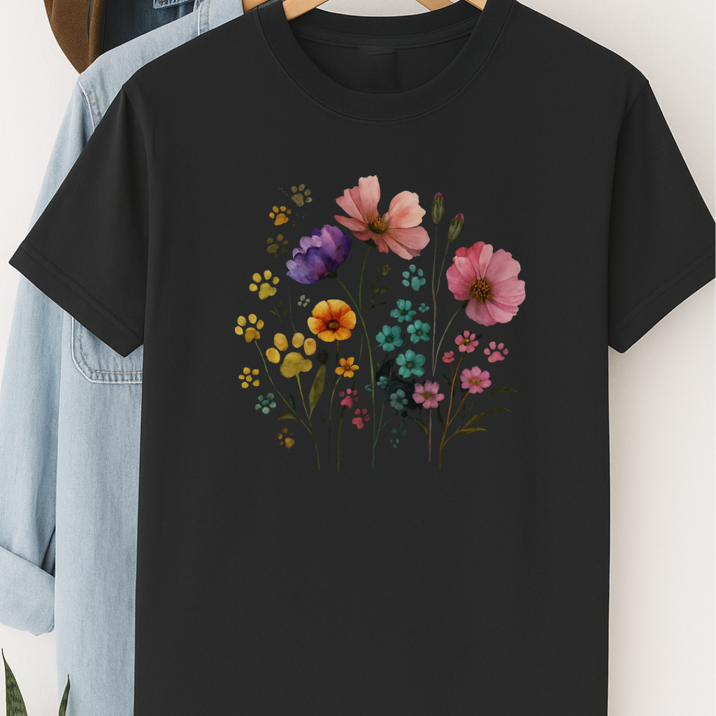 Watercolor Wildflower & Paw Print Shirt Floral Pet Lover Tee Nature Dog Mom Gift Botanical Animal Lover T-Shirt Mothers Day Gift
