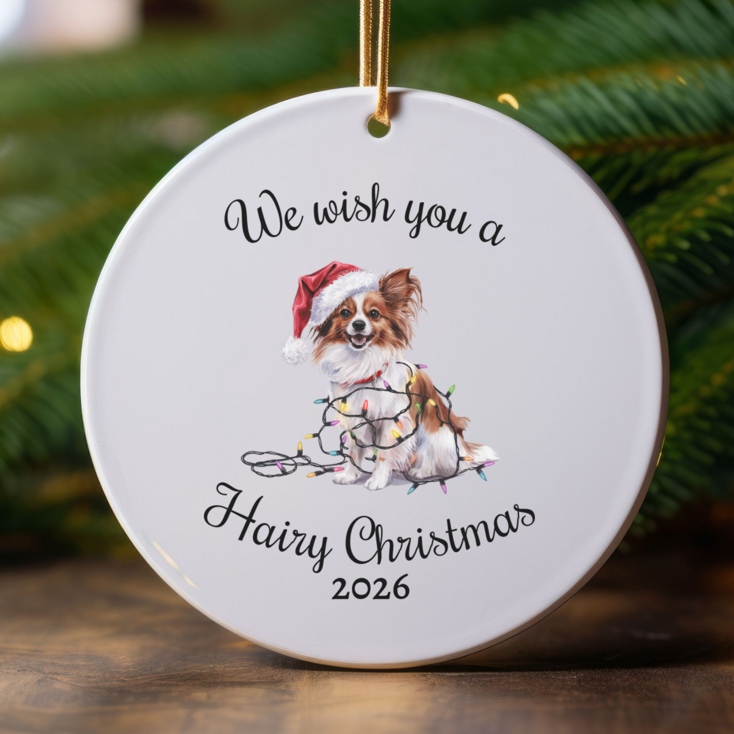 Christmas Papillon Ornament, Christmas Lights Dog Keepsake