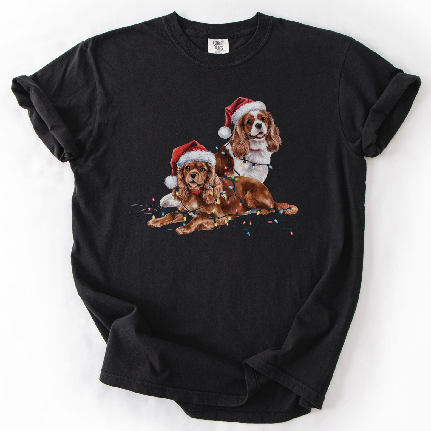 Cavalier King Charles Spaniel Christmas Shirt, Ruby and Blenheim Spaniel Gift, Dog Santa Hat Tee, Festive Holiday Dog Art