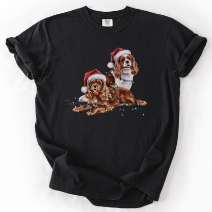 Cavalier King Charles Spaniel Christmas Shirt, Ruby and Blenheim Spaniel Gift, Dog Santa Hat Tee, Festive Holiday Dog Art