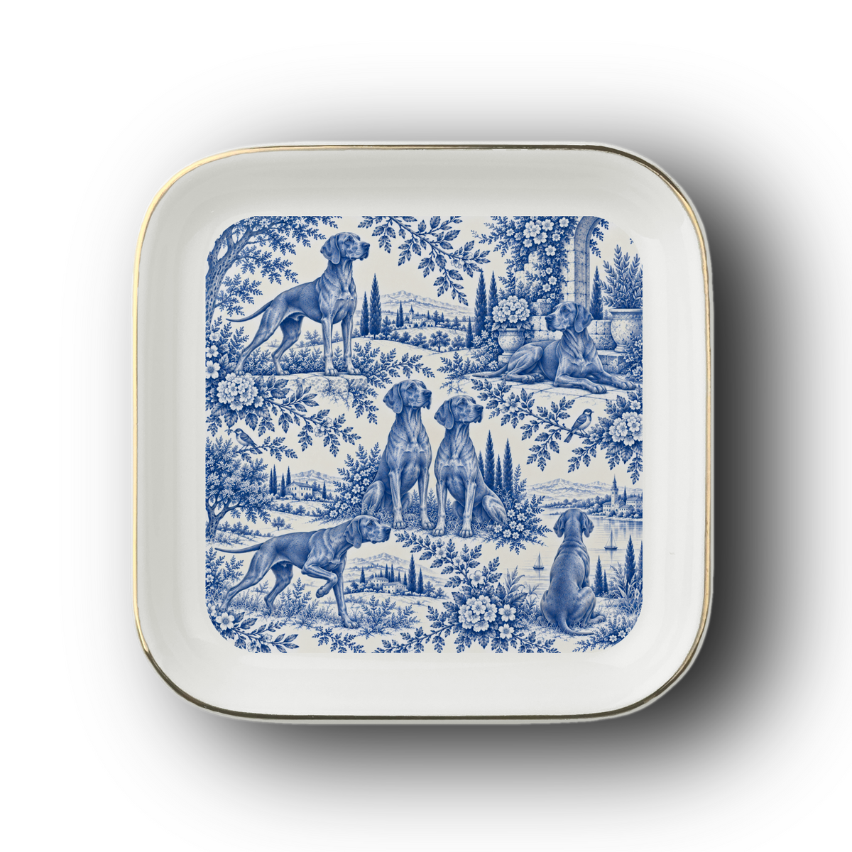 Vizsla Jewelry Dish, Blue Toile Dog Ring Dish, Vizsla Mom Gift, Ceramic Trinket Tray