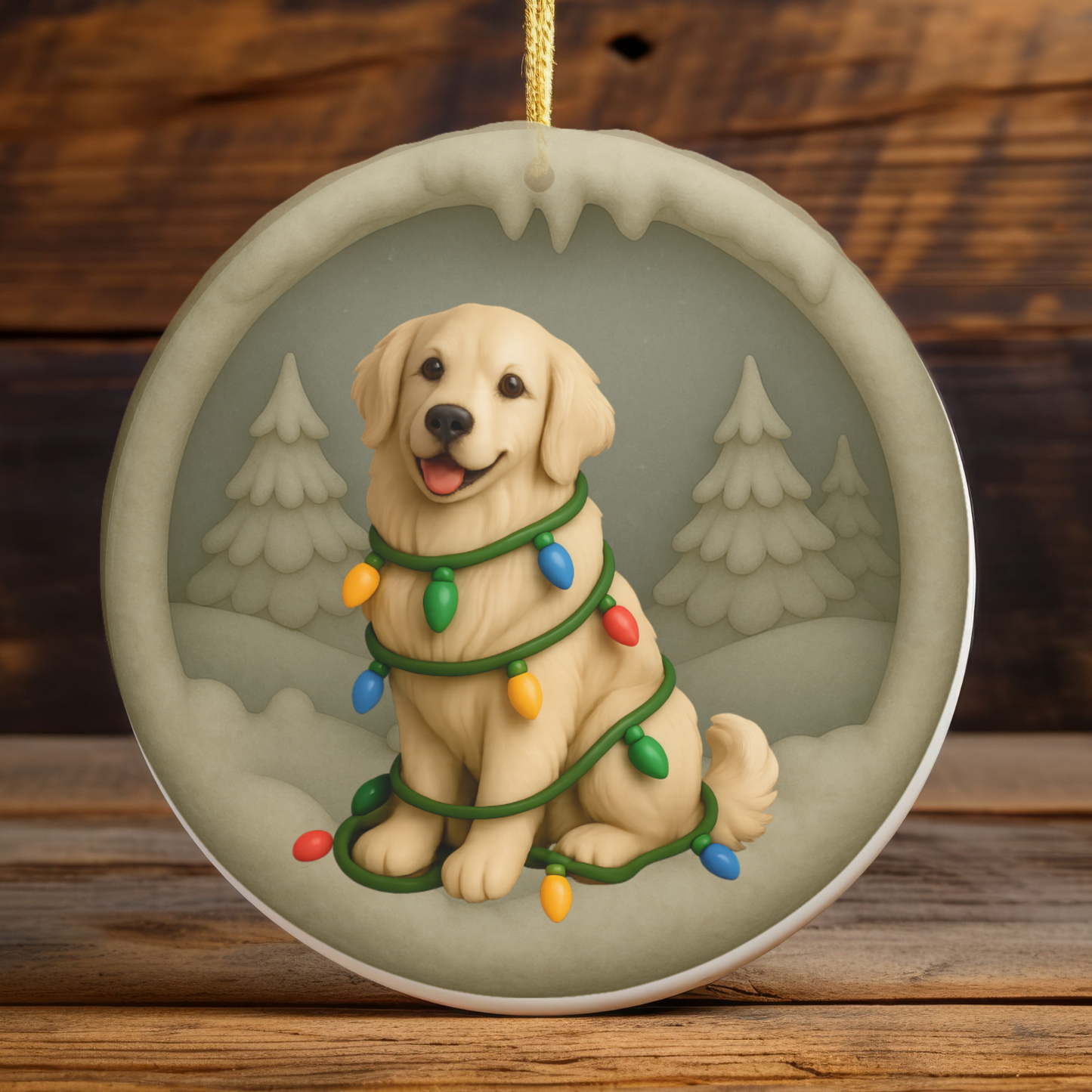 Personalized English Cream Golden Retriever Christmas Ornament, Custom Golden with Holiday Lights Keepsake