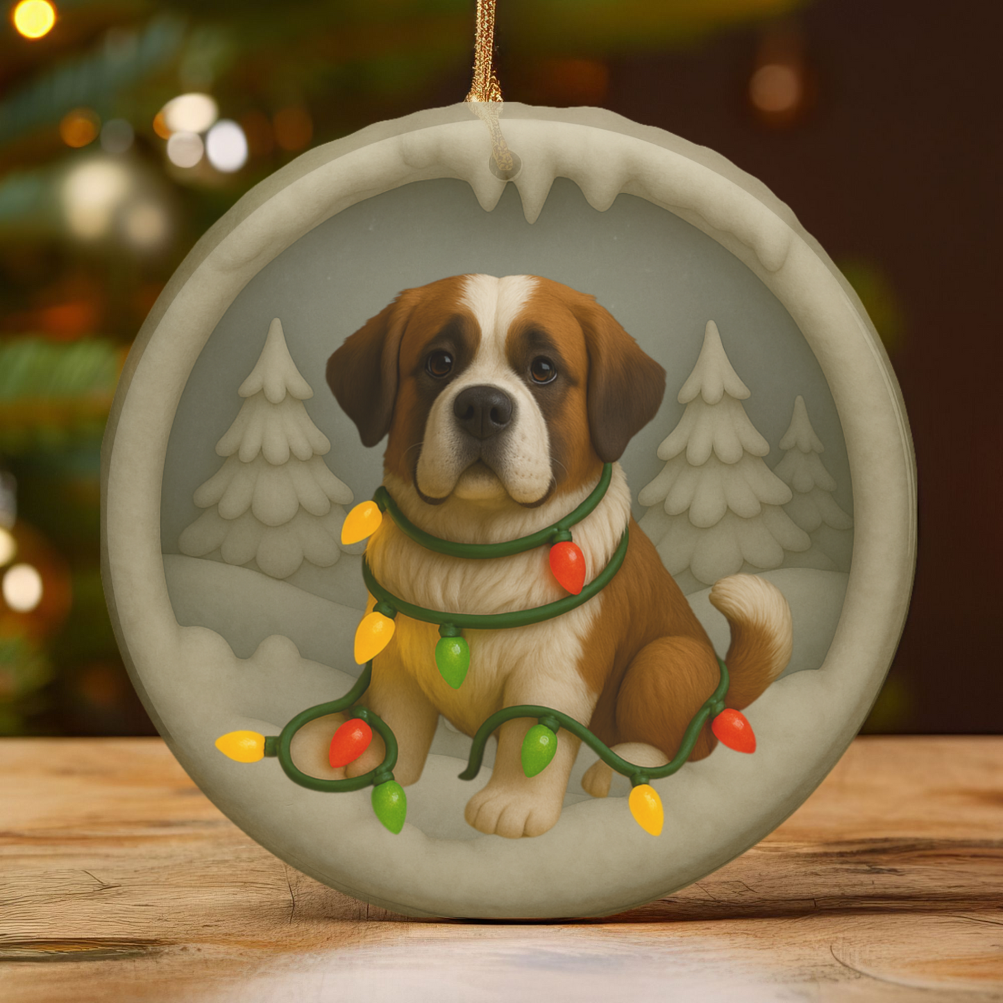Personalized Saint Bernard Christmas Ornament, 3D Clay-Style Dog Keepsake with Lights