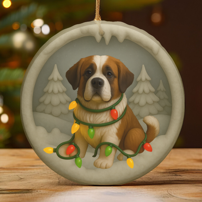 Personalized Saint Bernard Christmas Ornament, 3D Clay-Style Dog Keepsake with Lights