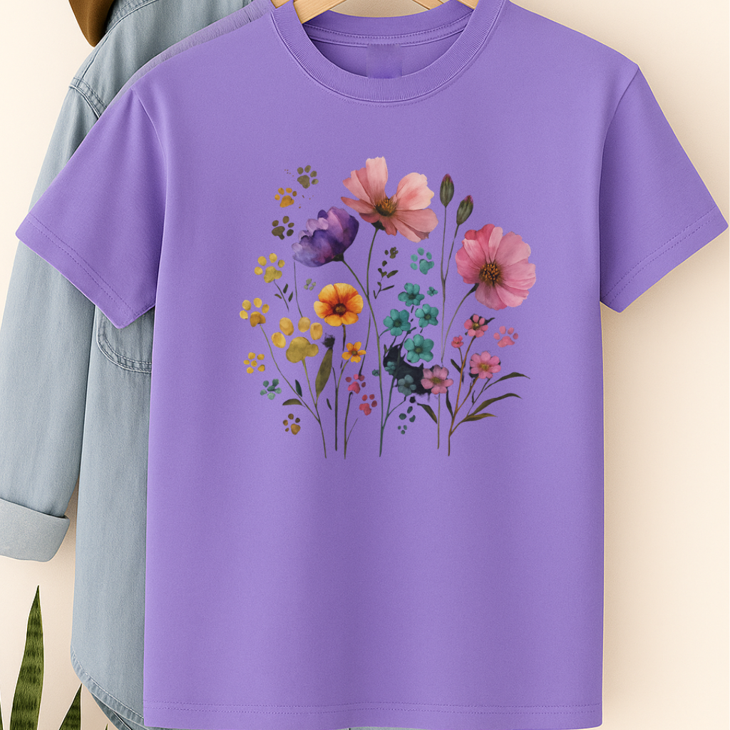 Watercolor Wildflower & Paw Print Shirt Floral Pet Lover Tee Nature Dog Mom Gift Botanical Animal Lover T-Shirt Mothers Day Gift