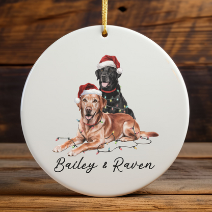 Personalized Red Fox and Black Labrador Christmas Lights Ornament