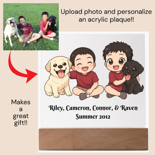 Custom Family Pet Portrait Plaque, Chibi Style Keepsake, Kawaii Cartoon Gift, Personalized LED Decor, Gift for Families