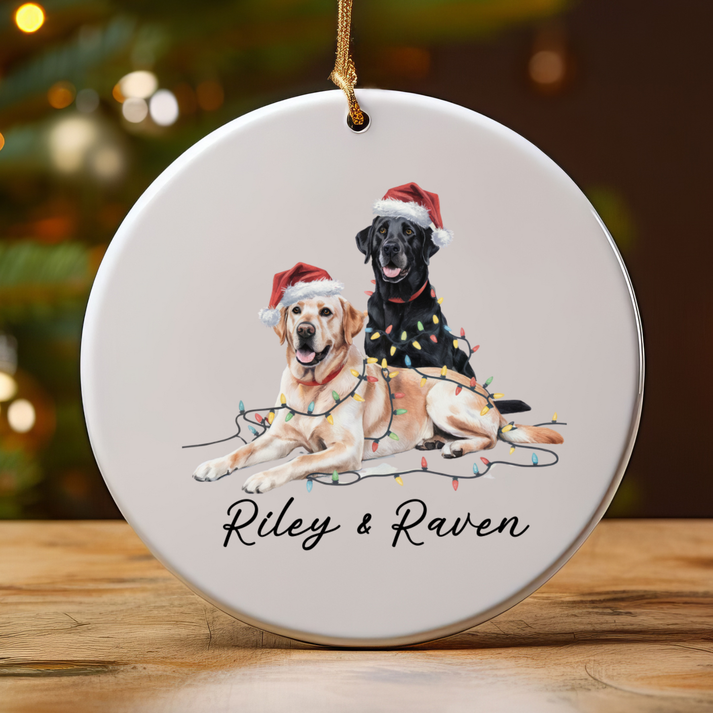 Personalized Yellow Black Lab Christmas Ornament, Festive Dog Lights, Ceramic Keepsake