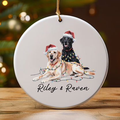 Personalized Yellow Black Lab Christmas Ornament, Festive Dog Lights, Ceramic Keepsake