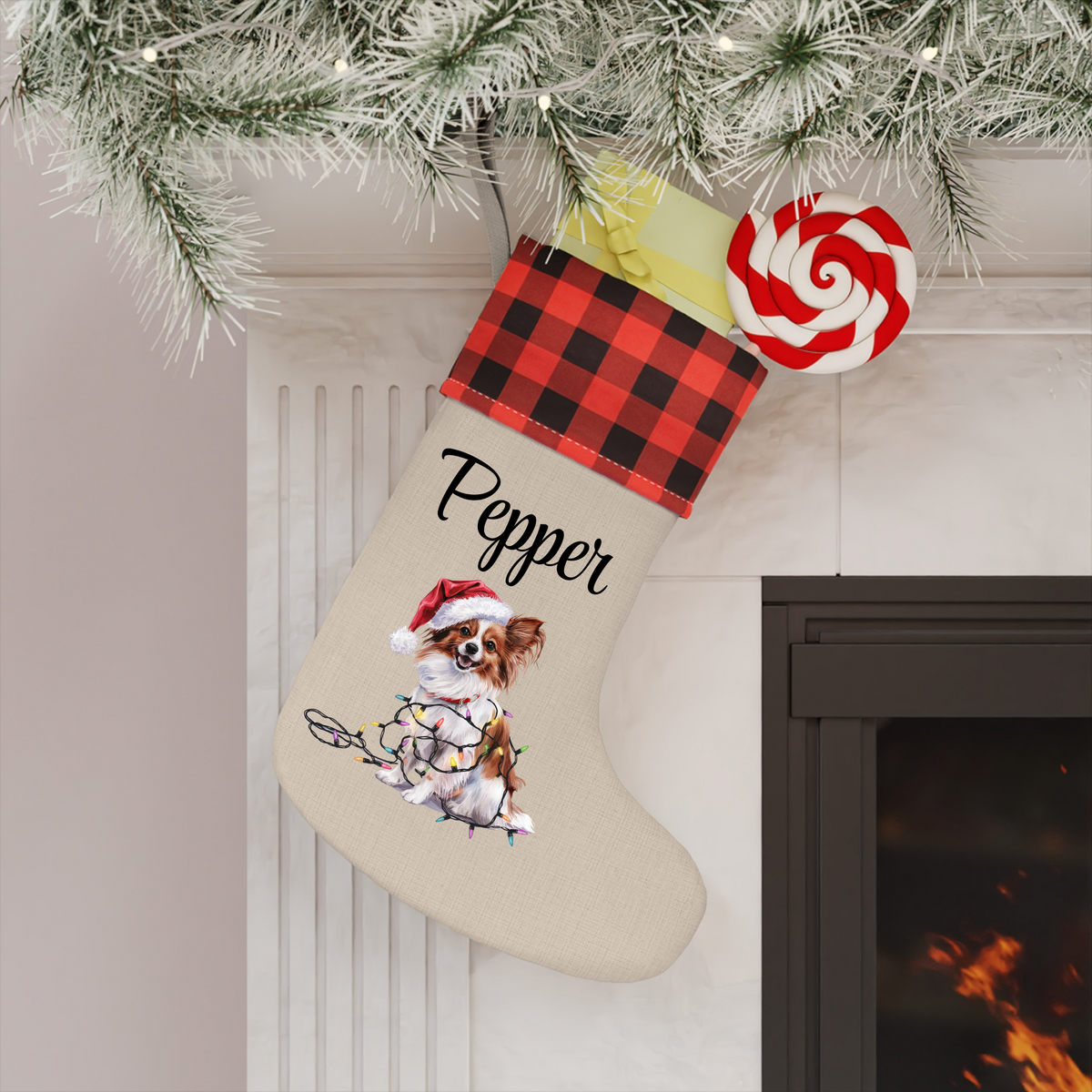Personalized Papillon Christmas Stocking, Holiday Decor Gift for Pet Lovers