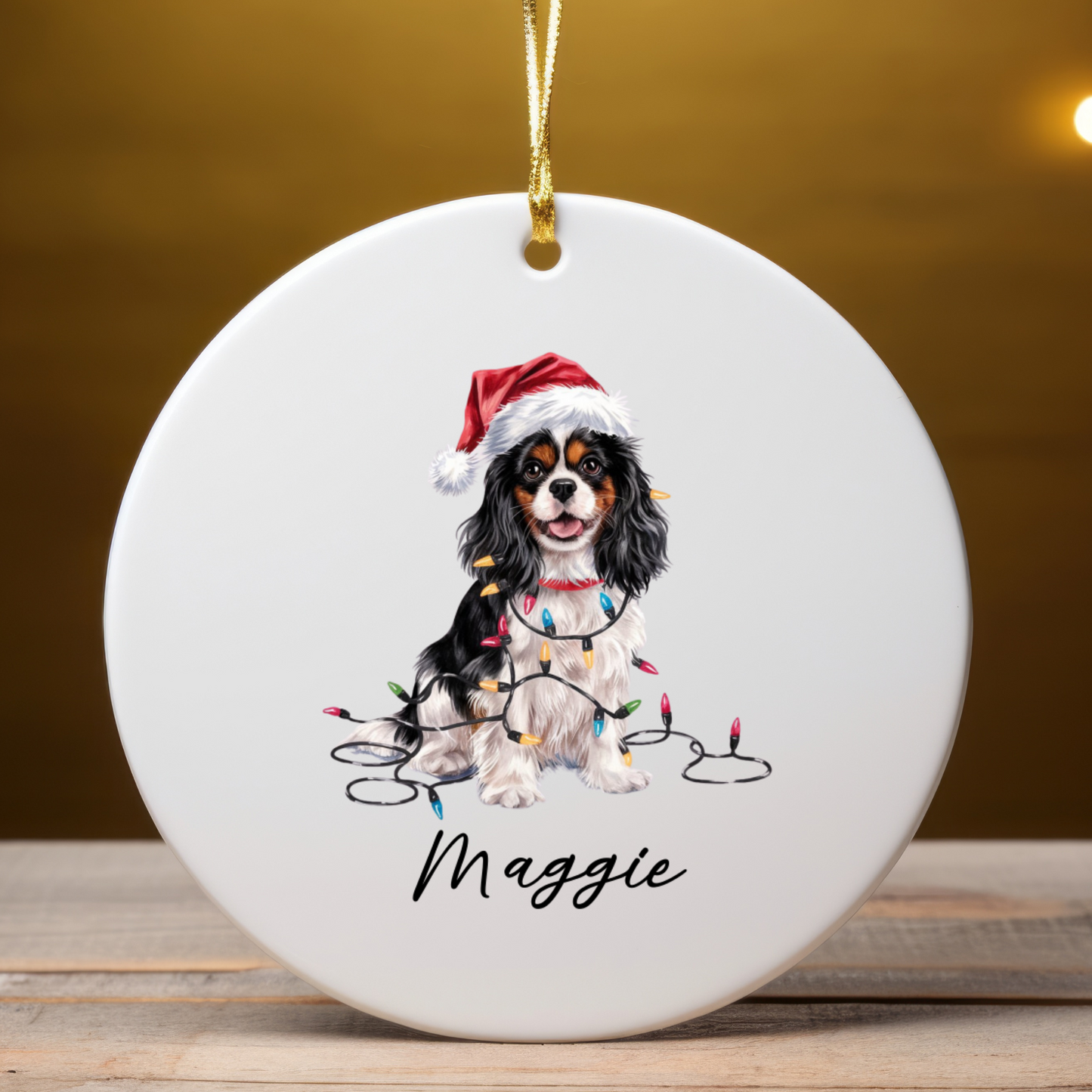 Personalized Tricolor Cavalier King Charles Spaniel Christmas Ornament, Ceramic Dog Lover Gift