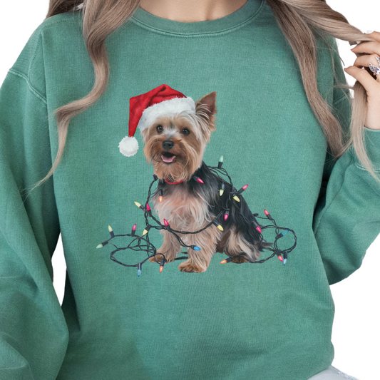 Christmas Yorkshire Terrier Sweatshirt, Festive Dog Lights, Yorkie Mom Holiday Apparel