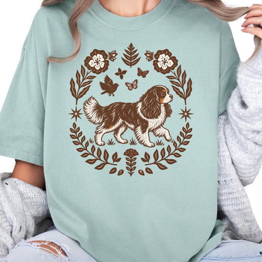 Tricolor Cavalier Comfort Colors Shirt, Folk Art King Charles Spaniel Tee, Dog Gift