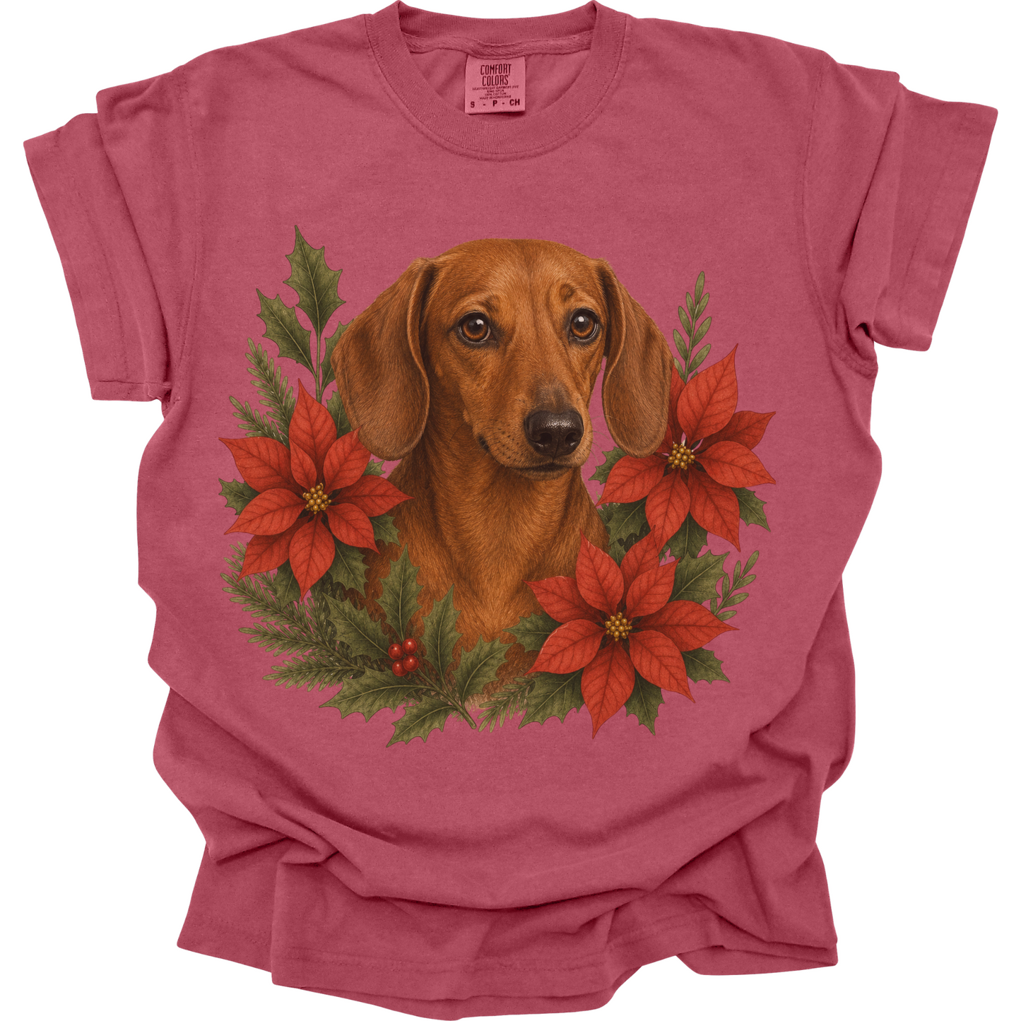 Red Dachshund Christmas Shirt, Poinsettia Doxie Mom Holiday Tee