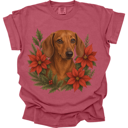 Red Dachshund Christmas Shirt, Poinsettia Doxie Mom Holiday Tee