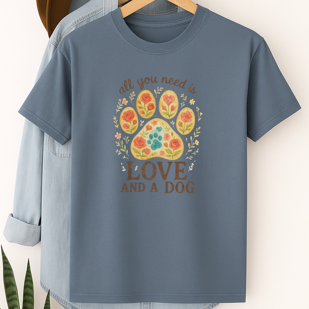 Love and a Dog Floral Paw Print T-Shirt – Sweet Gift for Dog Lovers & Pet Parents