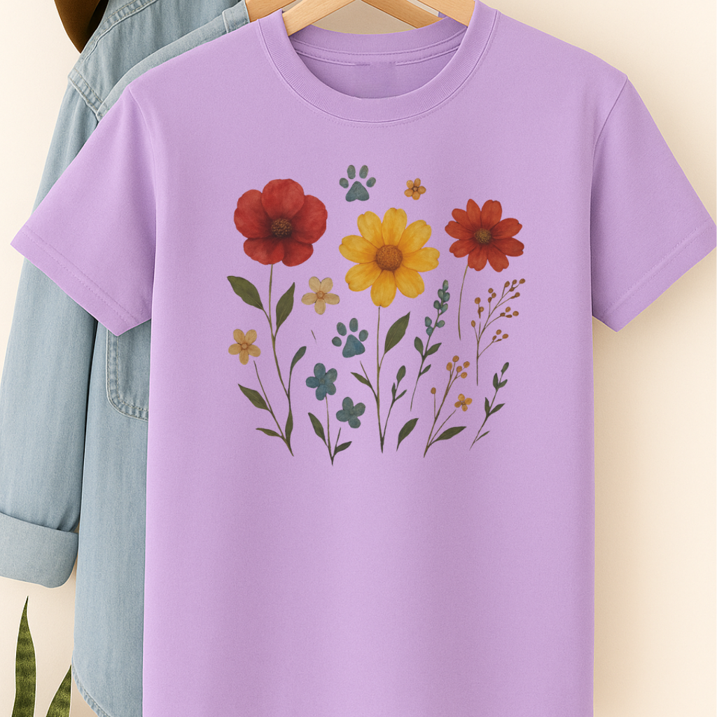 Wildflower Paw Print Shirt Dog Mom Boho Floral Tee Nature-Inspired Pet Lover Gift Watercolor Garden Dog T-Shirt Dog Mothers Day T-Shirt
