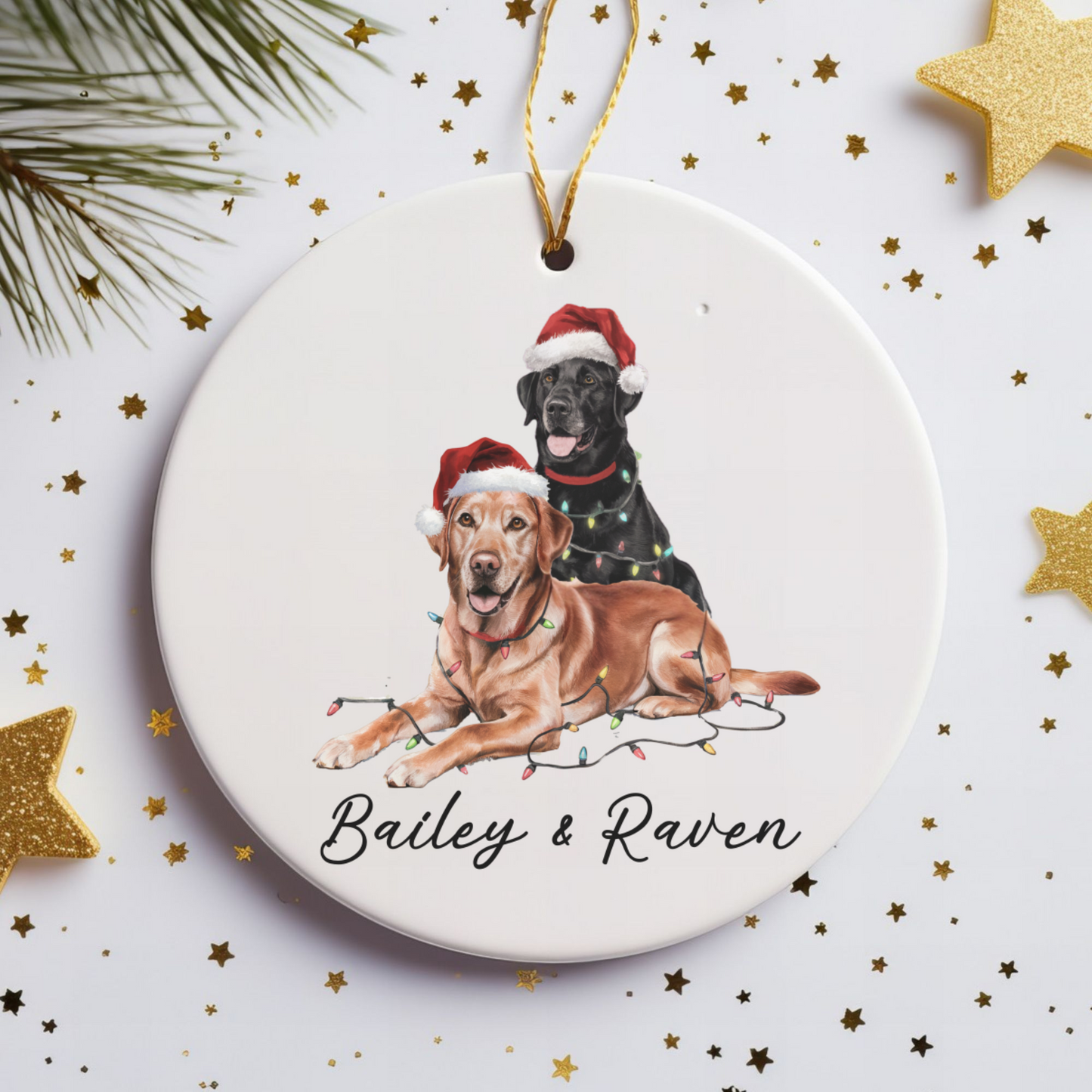 Personalized Red Fox and Black Labrador Christmas Lights Ornament