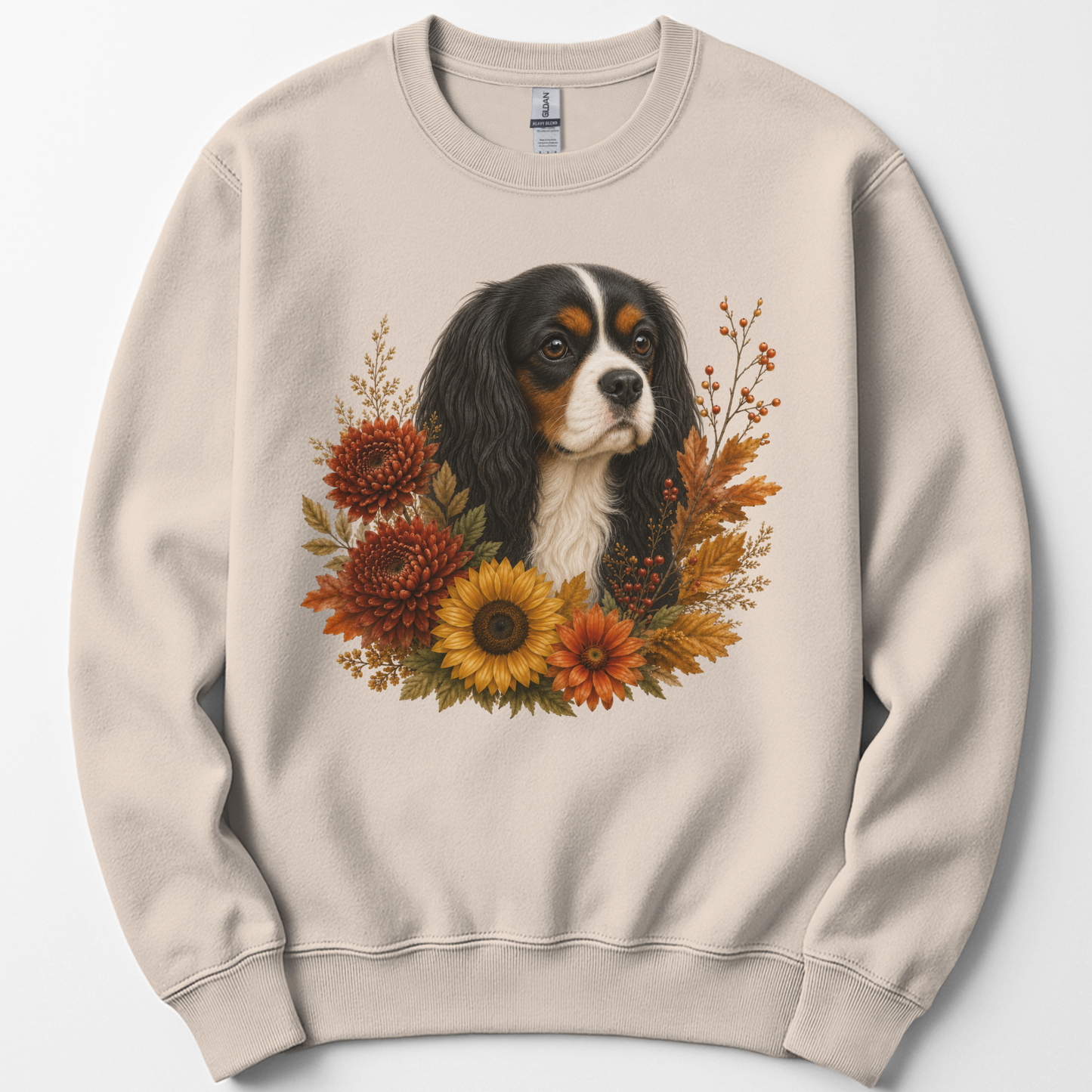 Tricolor Cavalier Autumn Floral Sweatshirt Cozy Fall Dog Lover Gift Botanical Crewneck Pullover