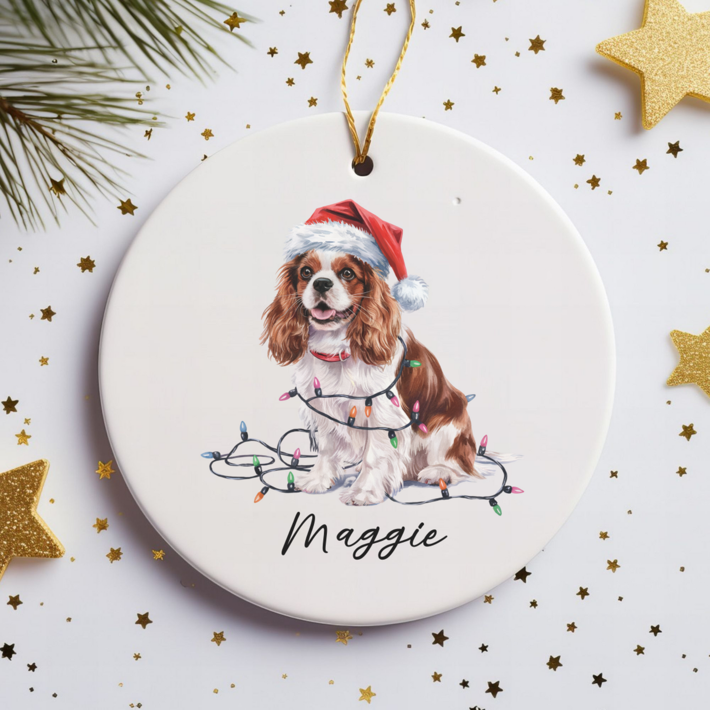 Personalized Blenheim Cavalier King Charles Spaniel Christmas Ornament, Tangled Lights Ceramic Keepsake