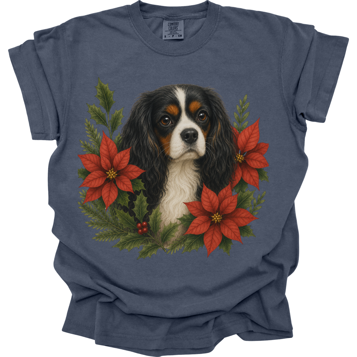 Tricolor Cavalier Christmas Shirt, Poinsettia Dog Mom Holiday Tee