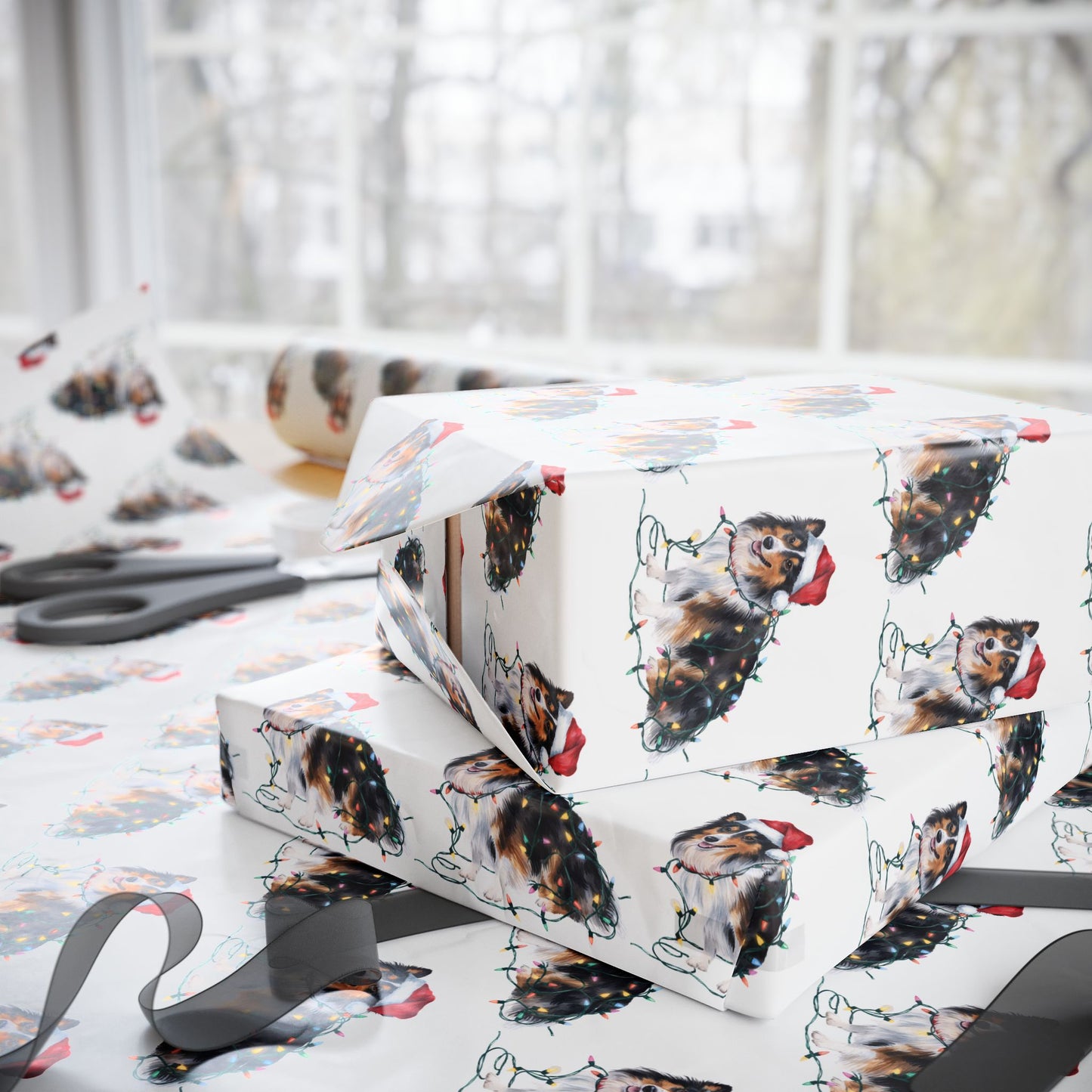 Shetland Sheepdog Christmas Lights Wrapping Paper