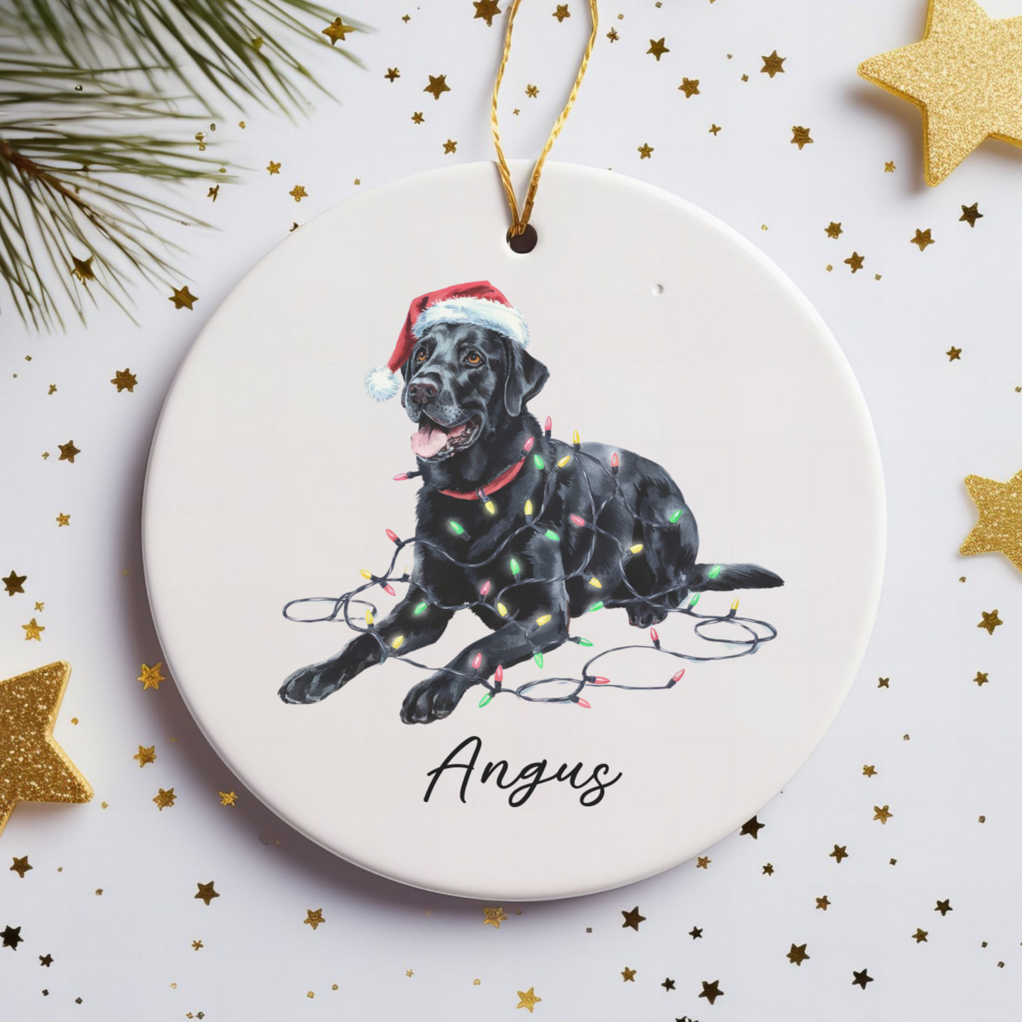 Personalized Black Labrador Christmas Ornament, Ceramic Dog Keepsake, Festive Lights Lab