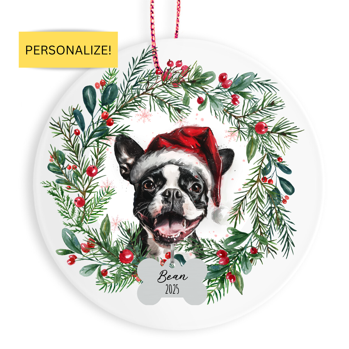 Personalized Boston Terrier Christmas Wreath Ornament