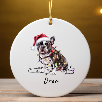 Personalized Black French Bulldog Ceramic Ornament, Dog Christmas Gift, Festive Lights Keepsake
