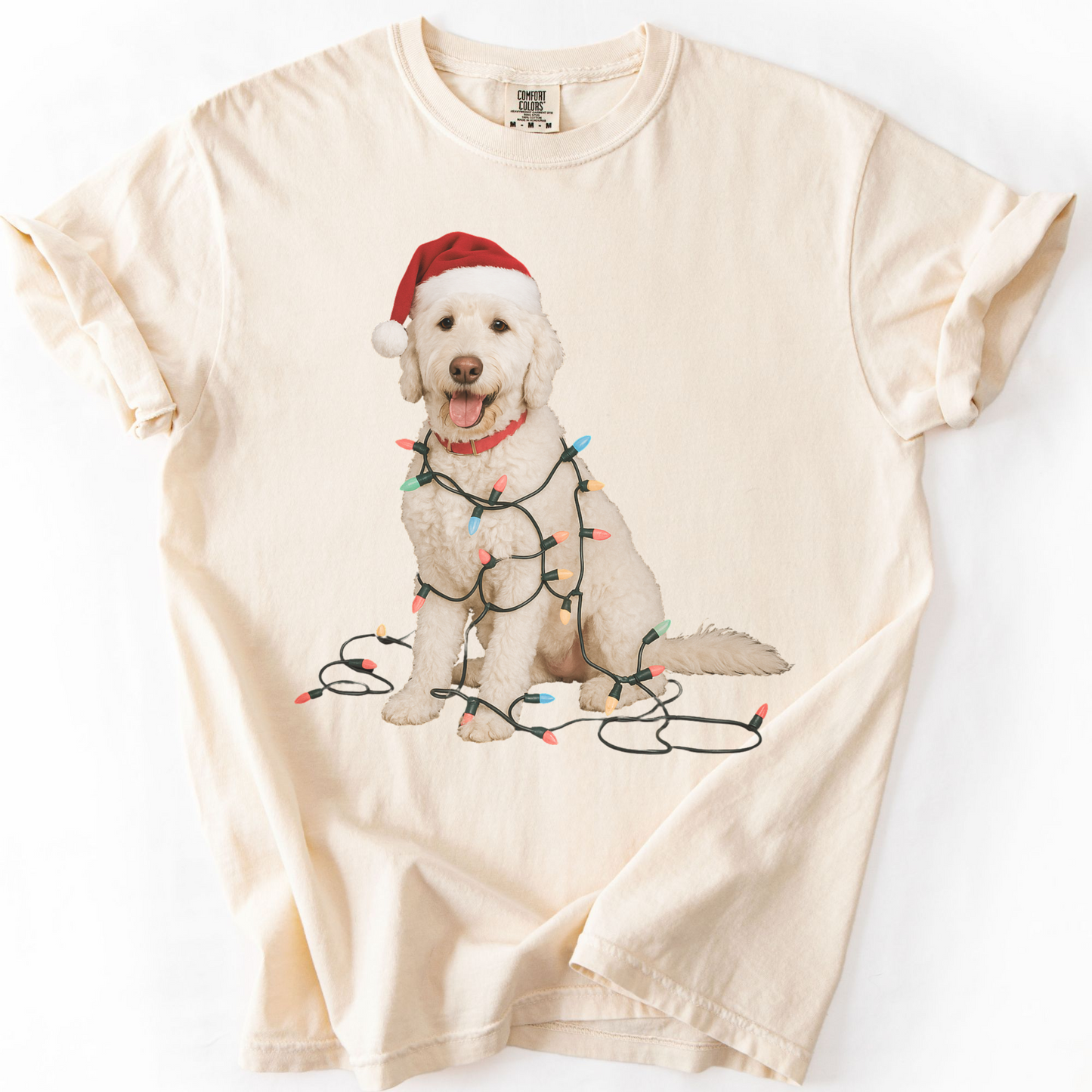 White Goldendoodle Christmas Lights T-Shirt, Comfort Colors Dog Lover Holiday Tee
