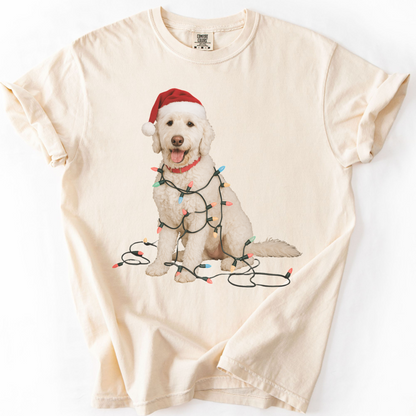White Goldendoodle Christmas Lights T-Shirt, Comfort Colors Dog Lover Holiday Tee