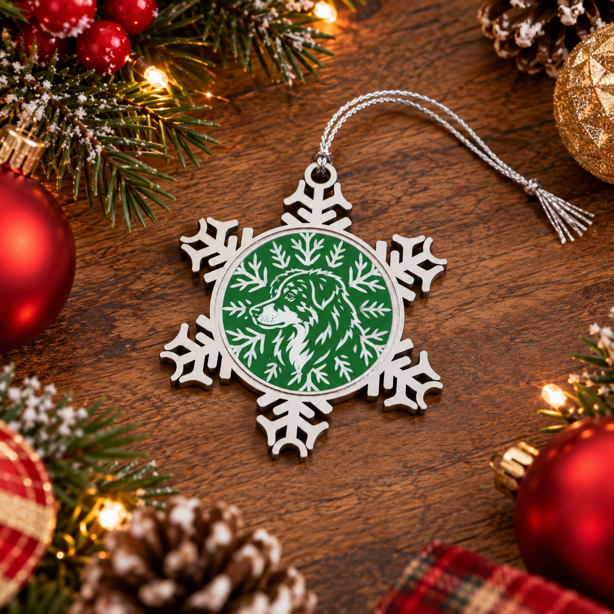 Australian Shepherd Ornament, Pewter Snowflake Christmas Ornament, Aussie Lover Gift