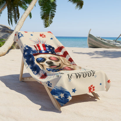 English Cream Golden Retriever Patriotic Beach Towel