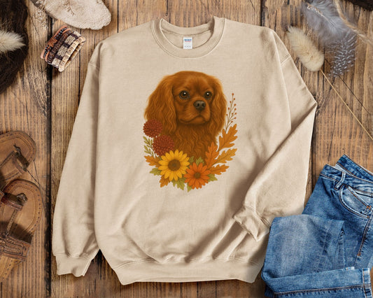 Cavalier King Charles Spaniel Sweatshirt – Blenheim, Ruby or Tri-Color Dog Lover Gift, Cute Fall Floral Crewneck for Pet Owners