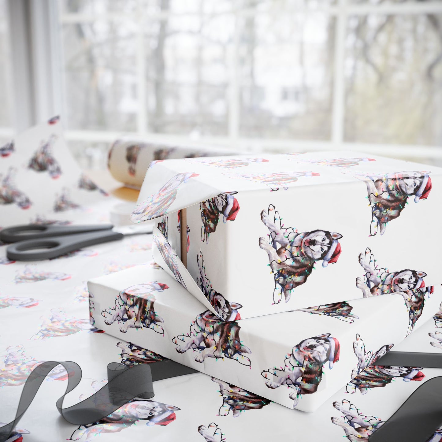 Siberian Husky Christmas Lights Wrapping Paper