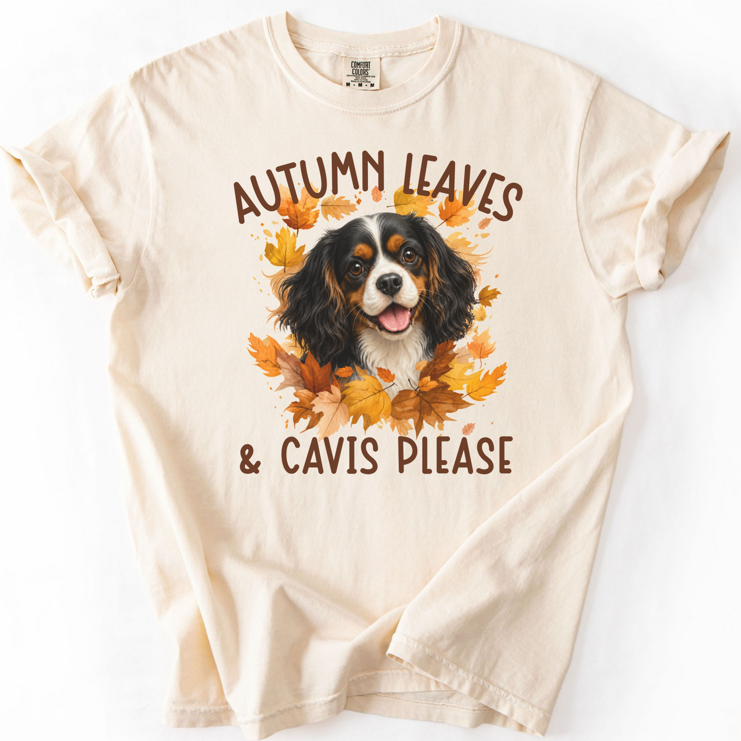 Tricolor Cavalier Mom Fall Shirt, Autumn Leaves & Cavaliers Please