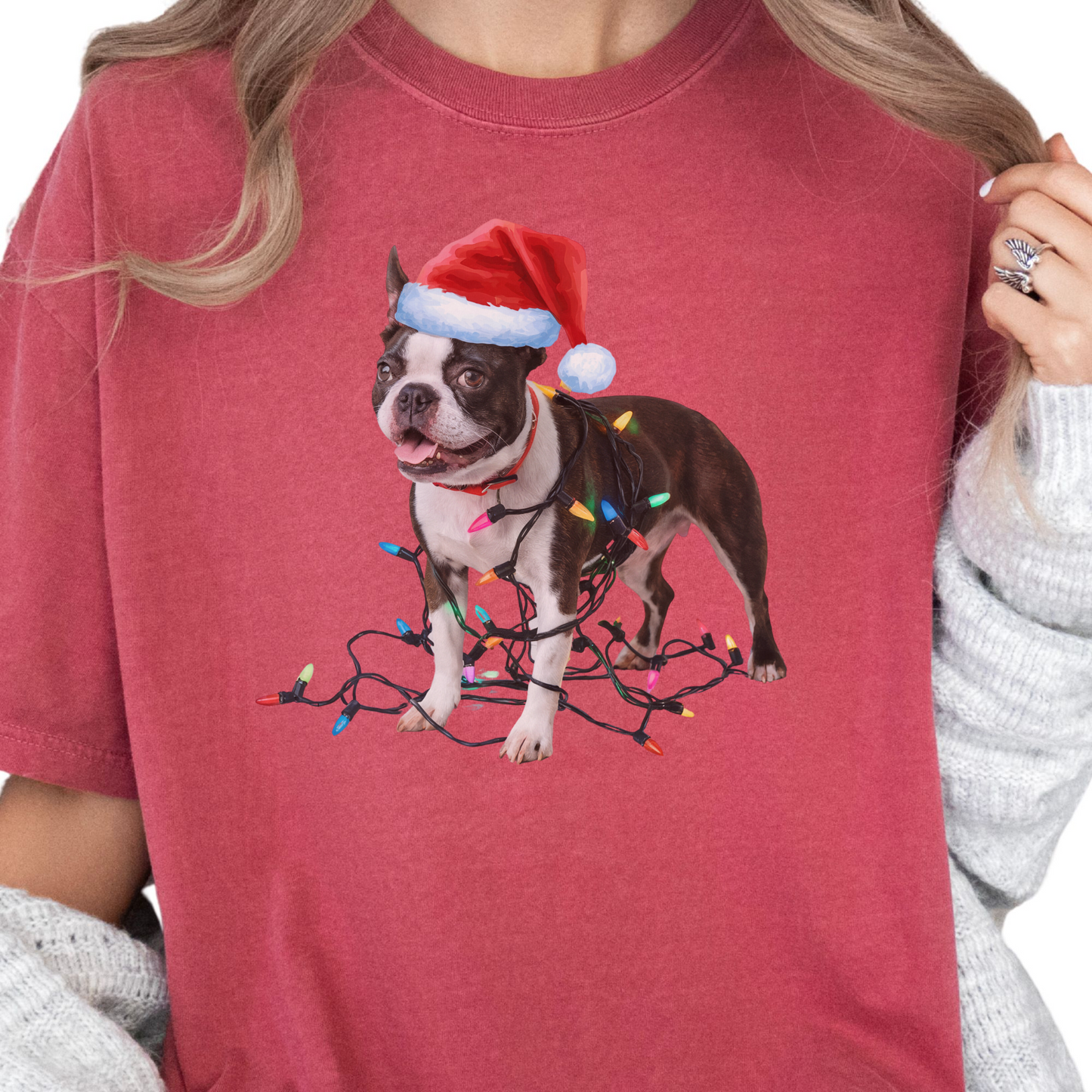 Boston Terrier Christmas Lights Shirt, Fun Holiday Tee for Terrier Lovers