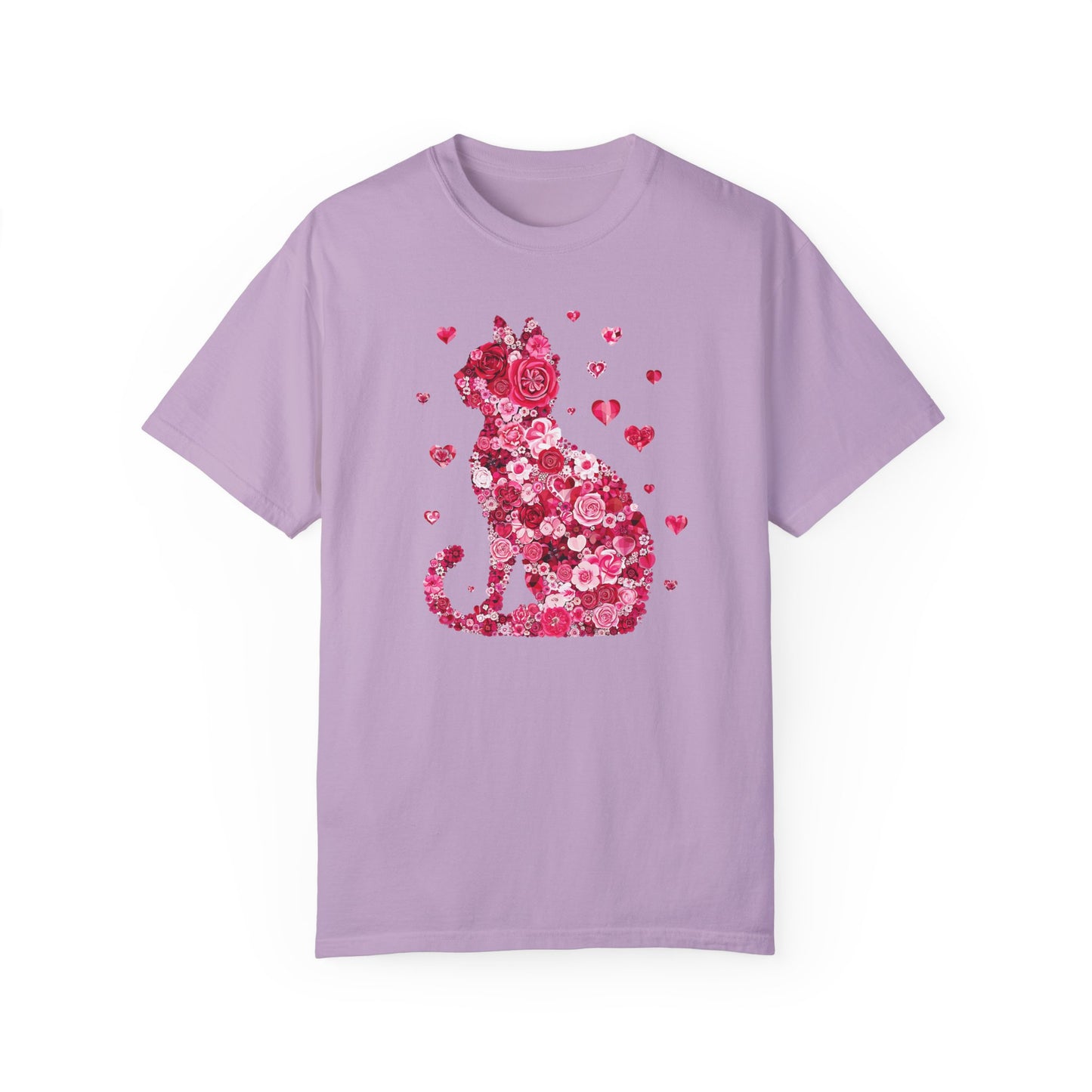 Rose Cat Valentine's Day Unisex Garment-Dyed T-Shirt, Gift for Cat Lovers, Floral Cat Tee, Valentine's Shirt, Rose Cat Silhouette Tee, Cat