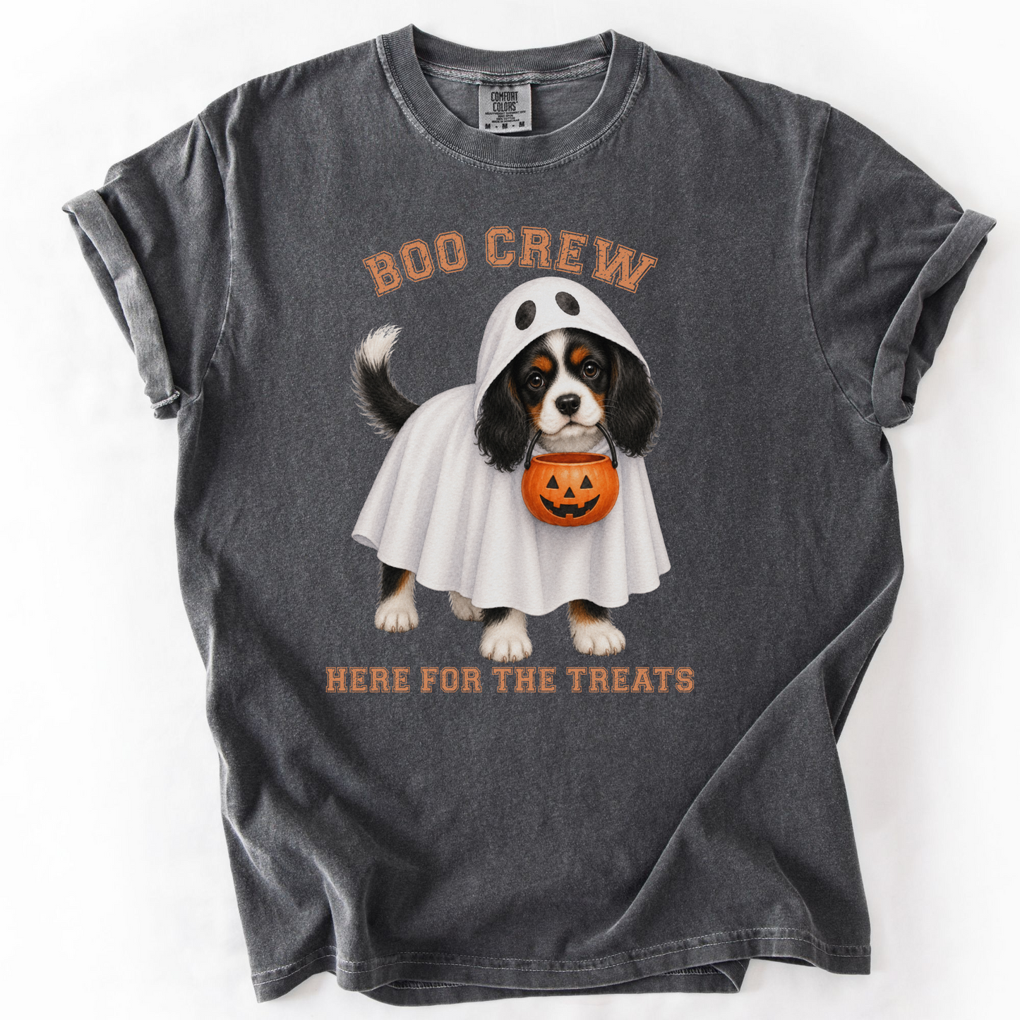 Tricolor Cavalier Boo Crew Halloween Shirt, Here for the Treats Dog Mom Tee