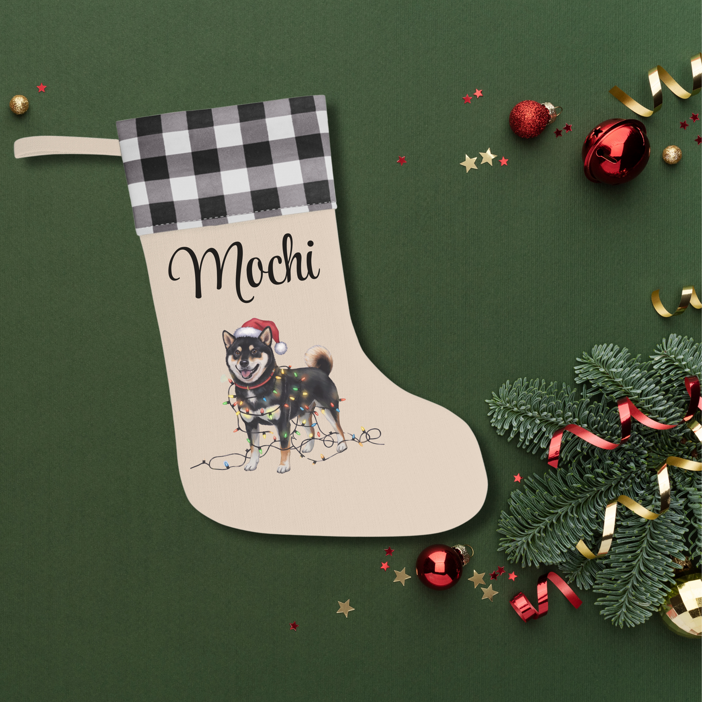 Personalized Black Shiba Inu Christmas Stocking, Holiday Decor Gift for Pet Lovers