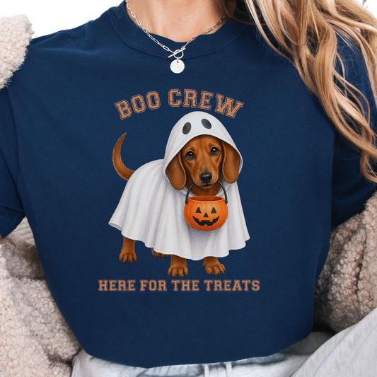 Red Dachshund Boo Crew Halloween Shirt, Here for the Treats Dog Mom Tee