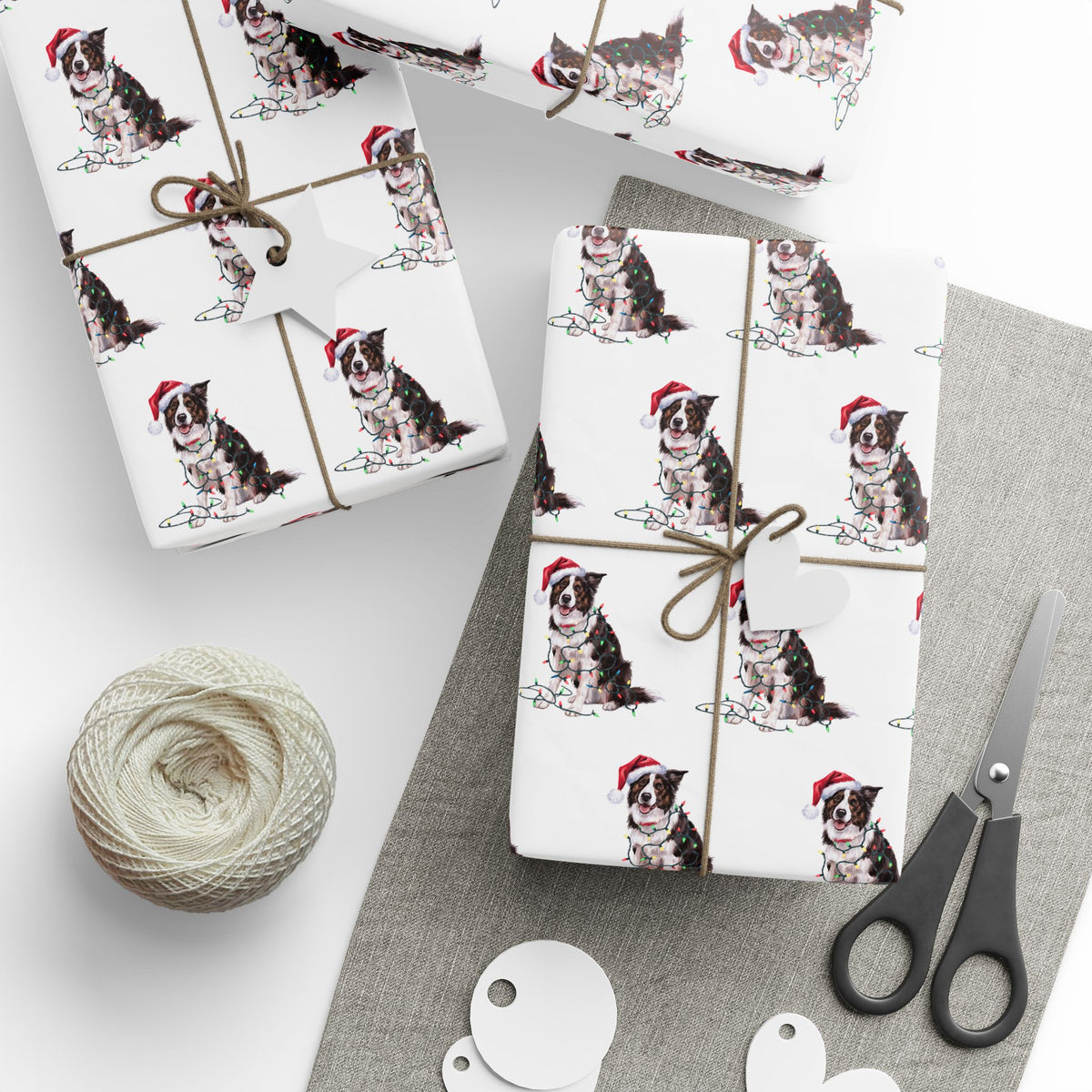 Border Collie Christmas Lights Wrapping Paper