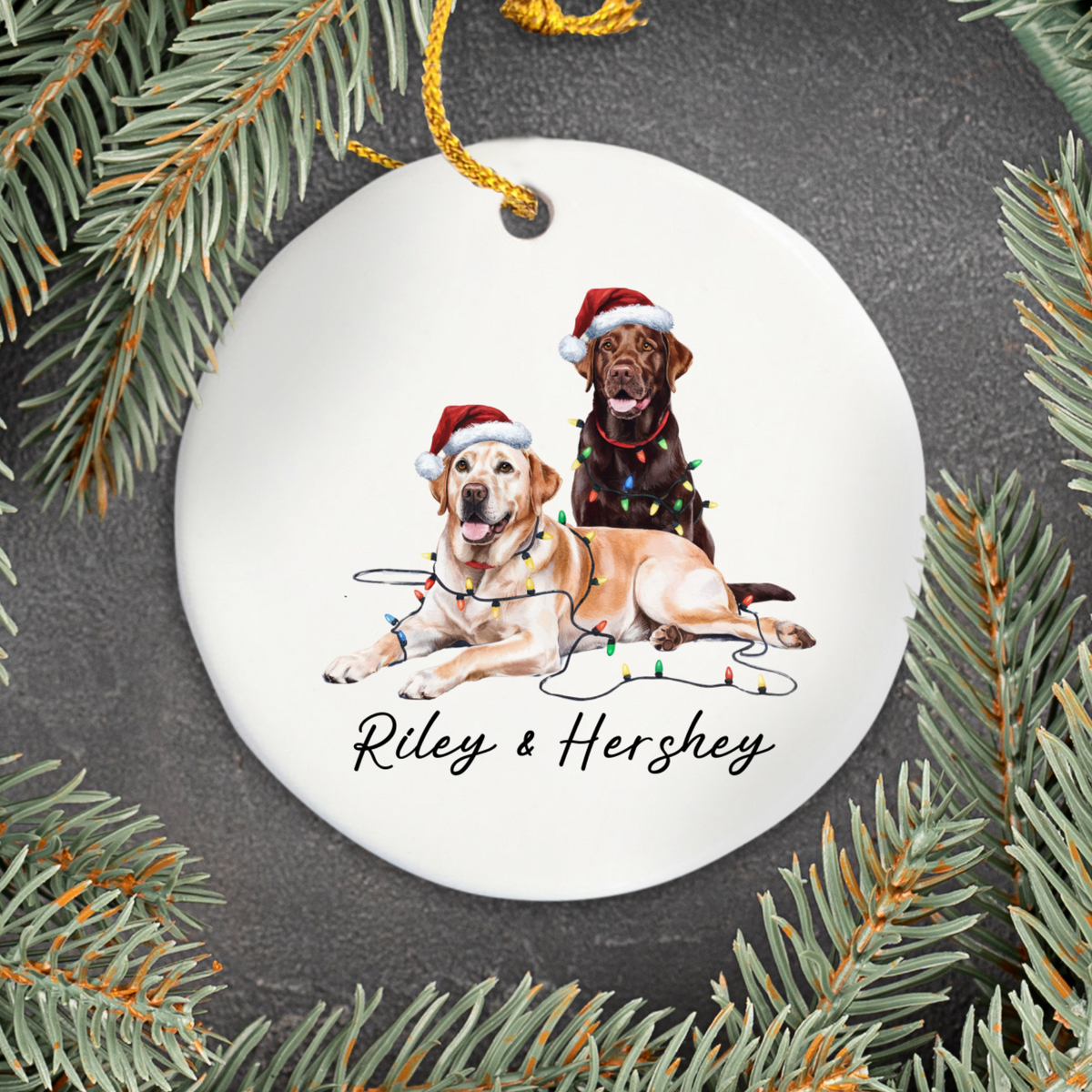 Chocolate and Yellow Labradors Ornament, Personalized Dog Christmas Decor