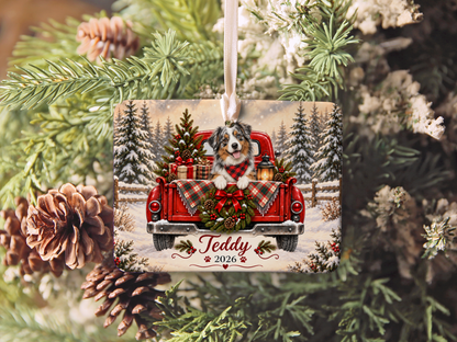 Personalized Australian Shepherd Ornament, Christmas Red Truck, Custom Name and Year