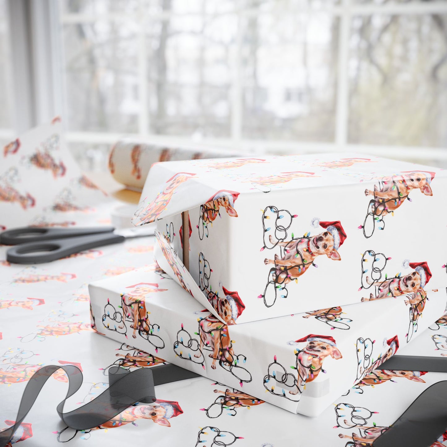 Tan Chihuahua Christmas Lights Wrapping Paper